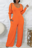 Light Gray Casual U Neck Long Sleeve Sweater Wide Leg Jumpsuit And Crop Tops Two Pieces Set