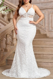 White Lace Flower Print Sleeveless Backless Mermaid Hem Formal Evening Party Plus Size Bodycon Wedding Maxi Dress with Train