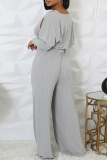 Light Gray Casual U Neck Long Sleeve Sweater Wide Leg Jumpsuit And Crop Tops Two Pieces Set