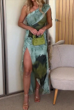 Blue Gradient Print Draw String Slit Sloping Shoulder Irregular Hem Formal Evening Party Bodycon Maxi Dress
