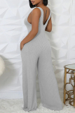 Light Gray Casual U Neck Long Sleeve Sweater Wide Leg Jumpsuit And Crop Tops Two Pieces Set