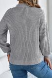 Grey Casual Hollow Out Weave V Neck Lantern Sleeve Fall Winter Knitted Sweater