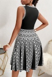 Black White Casual Boho Geometry Print Sleeveless O Neck Formal Evening Party A Line Pleated Knit Mini Dresses