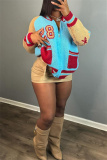 Sky Blue Casual Letter Print Pocket Zipper Collar Long Sleeve Knitted Sweater Cardigan Jackets