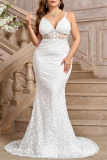 White Lace Flower Print Sleeveless Backless Mermaid Hem Formal Evening Party Plus Size Bodycon Wedding Maxi Dress with Train