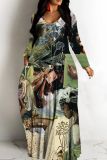 Green Figure Floral Print V Neck Long Sleeve Straight Loose Casual Vacation Plus Size Maxi Dresses