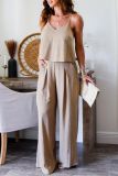 White V Neck Sleeveless Pocket Ruched Cami Top And Wide Leg Formal Lady Two Pieces Trouser Sets