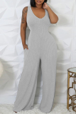 Light Gray Casual U Neck Long Sleeve Sweater Wide Leg Jumpsuit And Crop Tops Two Pieces Set