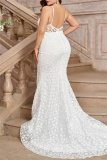 White Lace Flower Print Sleeveless Backless Mermaid Hem Formal Evening Party Plus Size Bodycon Wedding Maxi Dress with Train