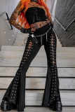Black Casual Hollow Out Belted High Waist Lace Up Boot Cut Flare Leg Pants