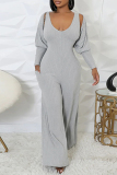 Light Gray Casual U Neck Long Sleeve Sweater Wide Leg Jumpsuit And Crop Tops Two Pieces Set
