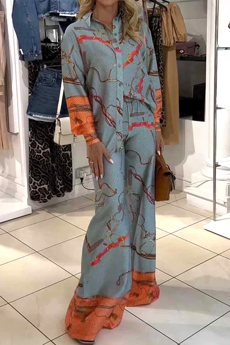Casual Vacation Geometric Printing Turndown Collar Long Sleeve Two Pieces