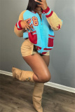 Sky Blue Casual Letter Print Pocket Zipper Collar Long Sleeve Knitted Sweater Cardigan Jackets