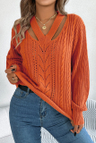 Grey Casual Hollow Out Weave V Neck Lantern Sleeve Fall Winter Knitted Sweater