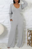 Light Gray Casual U Neck Long Sleeve Sweater Wide Leg Jumpsuit And Crop Tops Two Pieces Set