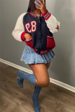 Sky Blue Casual Letter Print Pocket Zipper Collar Long Sleeve Knitted Sweater Cardigan Jackets