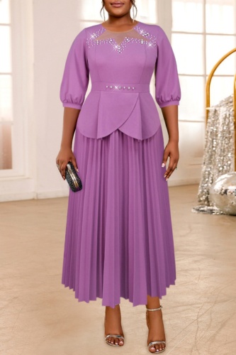 Purple O Neck Half Sleeve Plus Size Formal Office Lady Evening Party Wedding Guest Pleated Midi Dresses