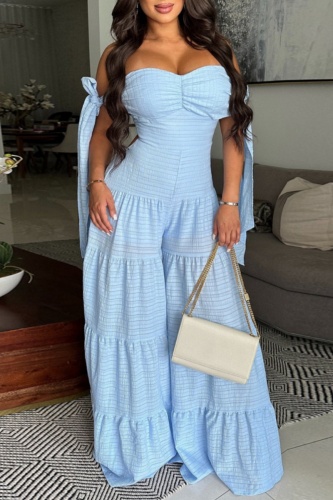 Blue Casual Backless Belted Off Shoulder Fitted Vacation Wide Leg Jumpsuits