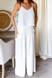 White V Neck Sleeveless Pocket Ruched Cami Top And Wide Leg Formal Lady Two Pieces Trouser Sets