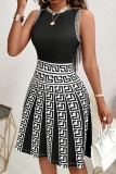 Black White Casual Boho Geometry Print Sleeveless O Neck Formal Evening Party A Line Pleated Knit Mini Dresses