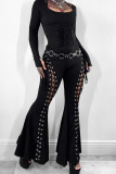 Black Casual Hollow Out Belted High Waist Lace Up Boot Cut Flare Leg Pants
