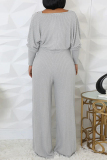 Light Gray Casual U Neck Long Sleeve Sweater Wide Leg Jumpsuit And Crop Tops Two Pieces Set