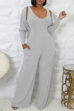 Light Gray Casual U Neck Long Sleeve Sweater Wide Leg Jumpsuit And Crop Tops Two Pieces Set