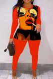 Pink Casual Face Print O Neck Long Sleeve Sweatshirt And Skinny Pants Two Pieces Trouser Sets