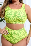 Green Casual Leopard Print U Neck Backless Sleeveless Bra And Mini Shorts Bikini Sets Beach Vacation Plus Size Swimwear