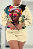 Purple Casual Figure Print O Neck Long Sleeve Sweatshirt And Shorts Shorts Sets Two Pieces