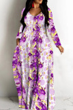 Purple Casual African Floral Print V Neck Long Sleeve Pokcets Vacation Loose Maxi Dress