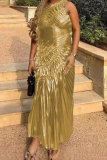 Gold O Neck Off Shoulder Sleeveless Irregular Formal Evening Party Pleated Ruched Maxi Dresses