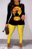 Orange Halloween Casual Print O Neck Long Sleeve Sweatshirt And Skinny Pants Two Pieces Trouser Sets