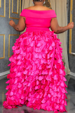 Dark Pink Petals Decor V Neck Off Shoulder Floor Length Formal Evening Party Wedding Prom Long Plus Size Maxi Dresses