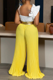 Black Casual Backless Sleeveless Ruched Ruffled Trim Spaghetti Strap Loose Pleated Wide Leg Jumpsuits