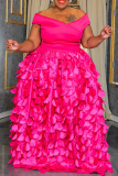 Dark Pink Petals Decor V Neck Off Shoulder Floor Length Formal Evening Party Wedding Prom Long Plus Size Maxi Dresses