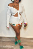 White Casual Hollow Out V Neck Long Sleeve Front Tie Crop Tops And Shorts Vacation Two Pieces Shorts Set