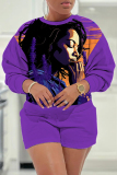 Purple Casual Figure Print O Neck Long Sleeve Sweatshirt And Shorts Shorts Sets Two Pieces
