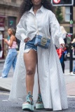 White Casual Stripe Print Buttons Turndown Collar Long Sleeve Vacation Plus Size Maxi Shirt Dresses
