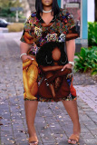 Red Figure Print V Neck Short Sleeve Loose Pockets Midi T-Shirt Dress