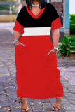 Red Casual Stripe Print V Neck Short Sleeve Pokcets Loose T-Shirt Maxi Dress