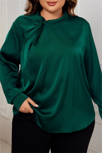 Dark Green Hollow Out O Neck Long Sleeve Formal Office Lady Plus Size Blouse Top