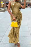 Gold O Neck Off Shoulder Sleeveless Irregular Formal Evening Party Pleated Ruched Maxi Dresses