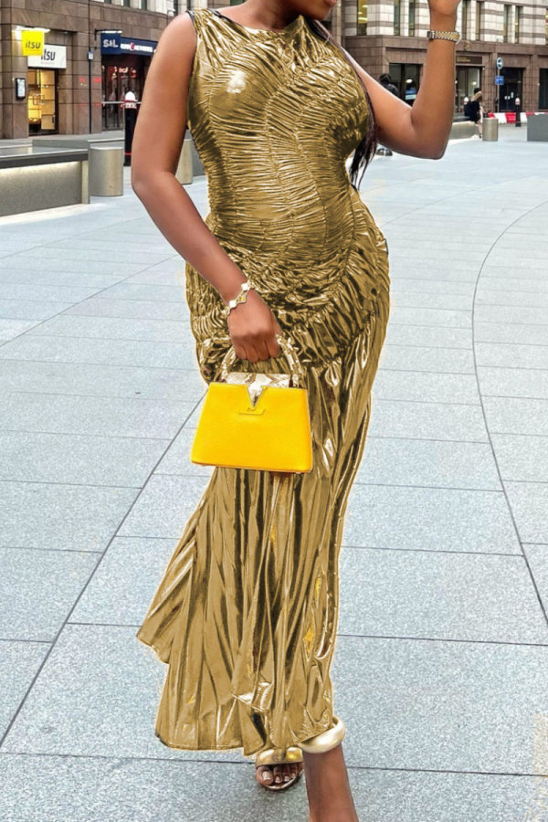 Gold O Neck Off Shoulder Sleeveless Irregular Formal Evening Party Pleated Ruched Maxi Dresses
