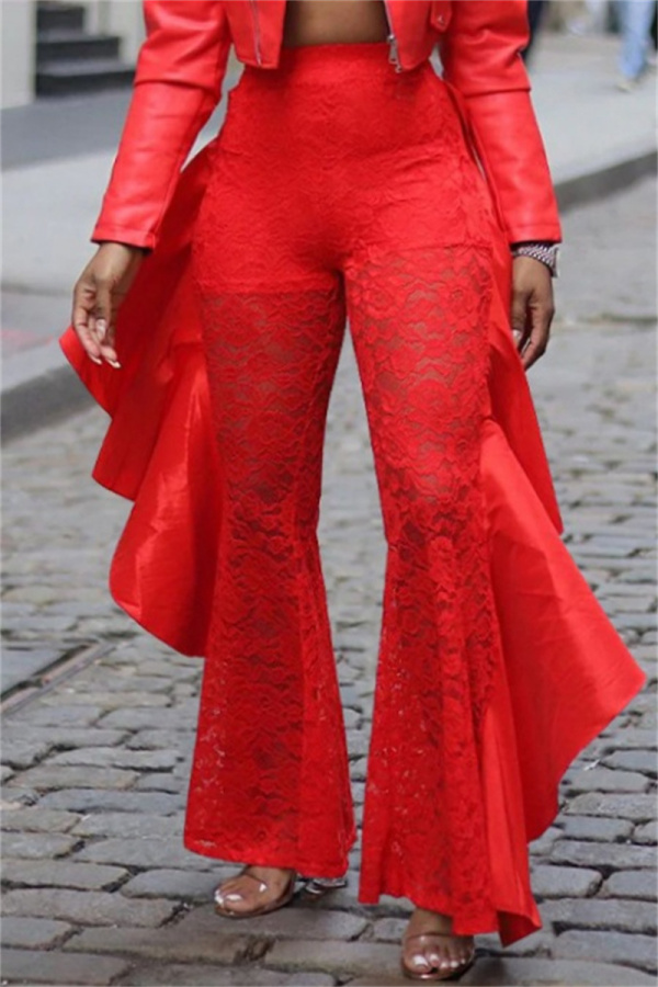 Red Lace Ruffle Trim Casual See-Through High Waist Skinny Flare Leg Pants