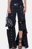 Black Casual High Waist Straight Leg Ripped Denim Jeans