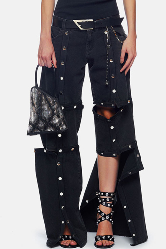 Black Casual High Waist Straight Leg Ripped Denim Jeans