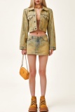 Yellow Jacquard Mid Waist Pockets Distressed Skinny Denim Mini Skirts