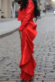 Red Lace Ruffle Trim Casual See-Through High Waist Skinny Flare Leg Pants