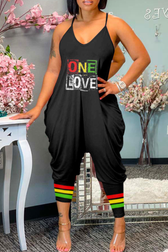 Black Gold Sportwear Casual Sleeveless V Neck Pocket Loose Harem Leg Cami Jumpsuits